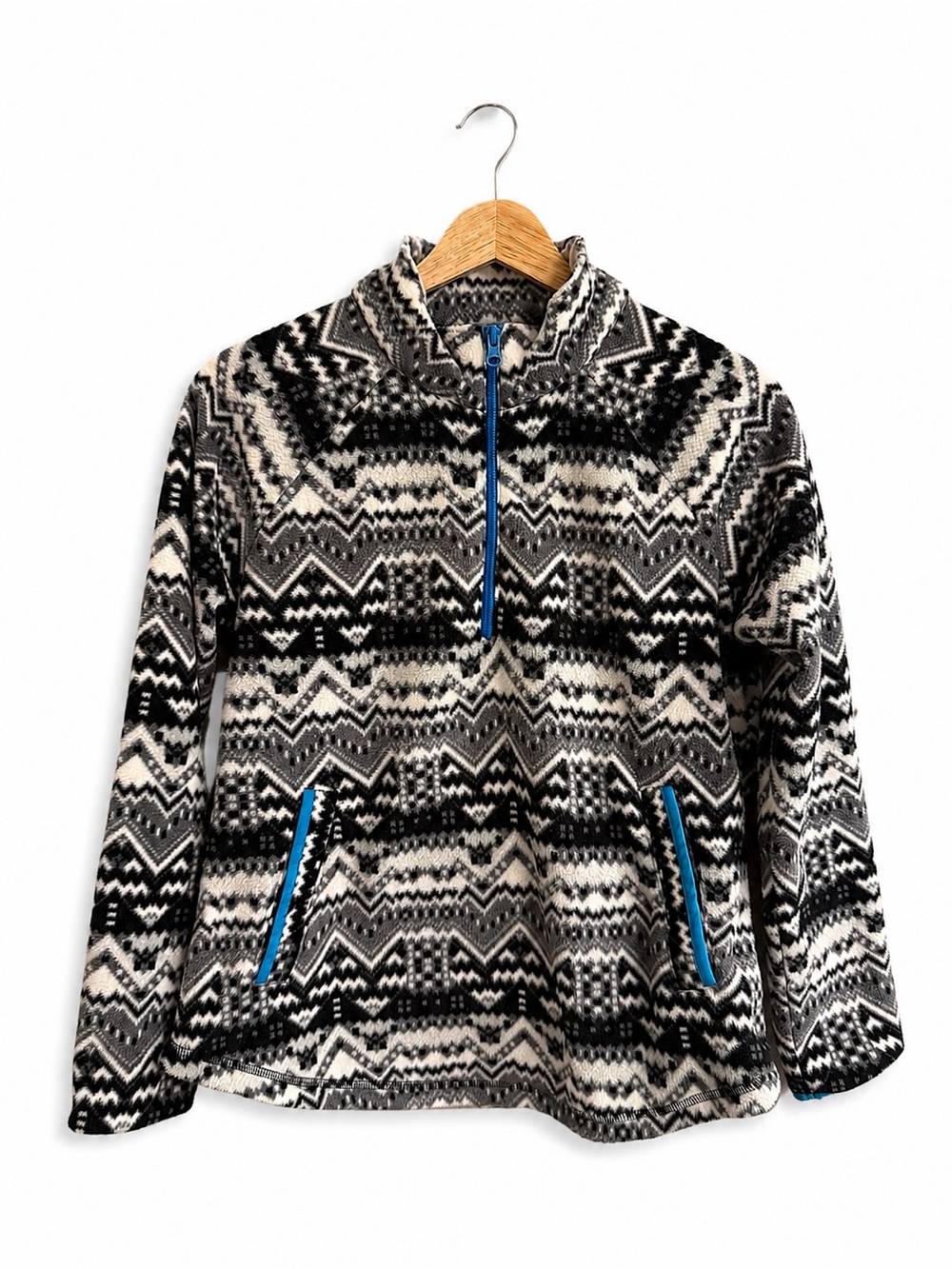 Black & White Fair Isle Half-Zip Fleece Pullover with Teal Trim
